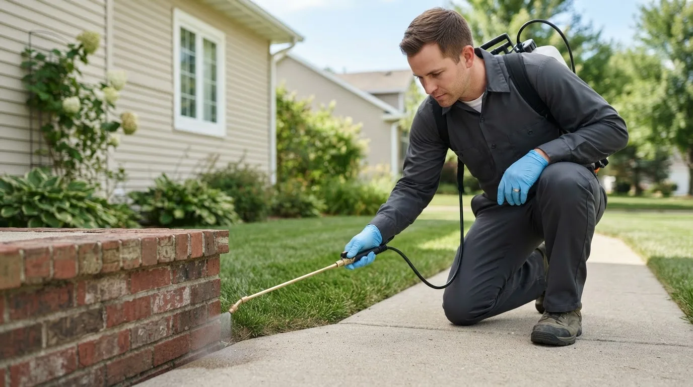 Pest control technician treating a home near Zanesville, OH
