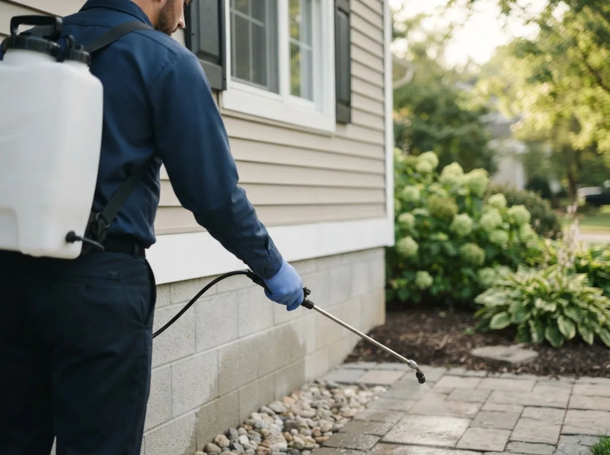 Pest control technician inspecting a home in Zanesville, OH